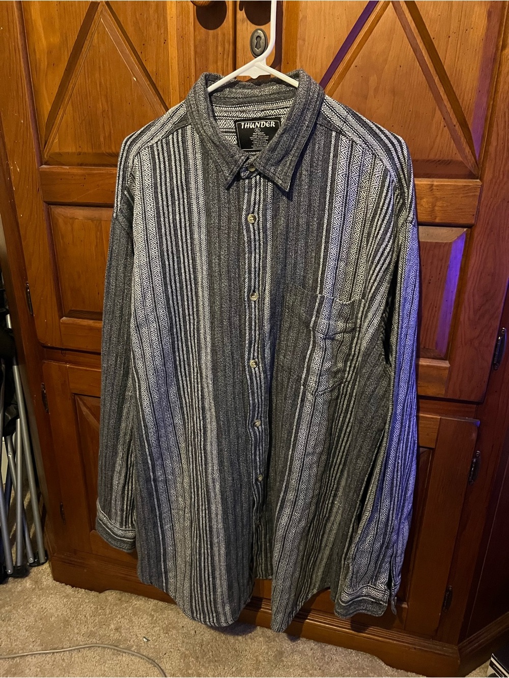 Thunder Mens Long Sleeve Button Down Shirt XL Vertical Stripe 100% Cotton Gray